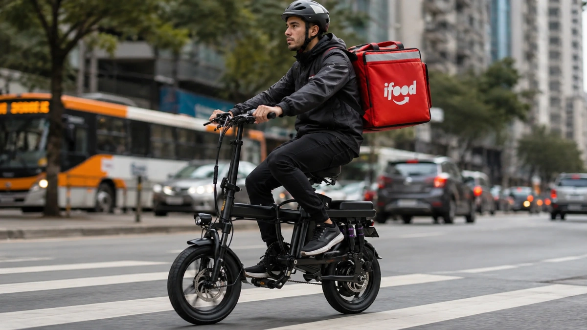 Bicicleta Elétrica para entregadores em destaque, modelo dobrável com design moderno, autonomia elevada, freios a disco e bateria removível, ideal para entregas urbanas, mobilidade eficiente e economia diária.
