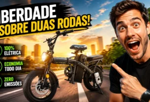 Melhor bicicleta elétrica dobrável Imagem promocional destacando mobilidade sustentável, economia, autonomia e praticidade urbana.