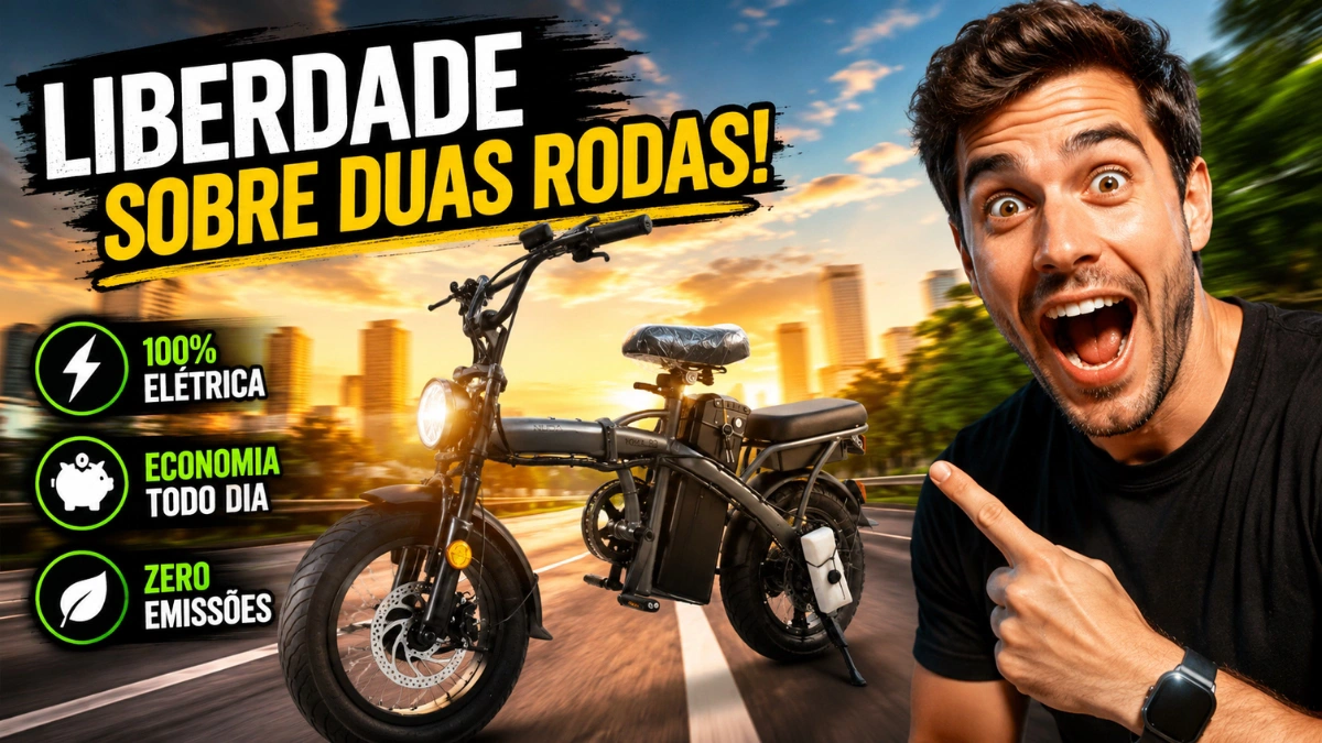 Melhor bicicleta elétrica dobrável Imagem promocional destacando mobilidade sustentável, economia, autonomia e praticidade urbana.